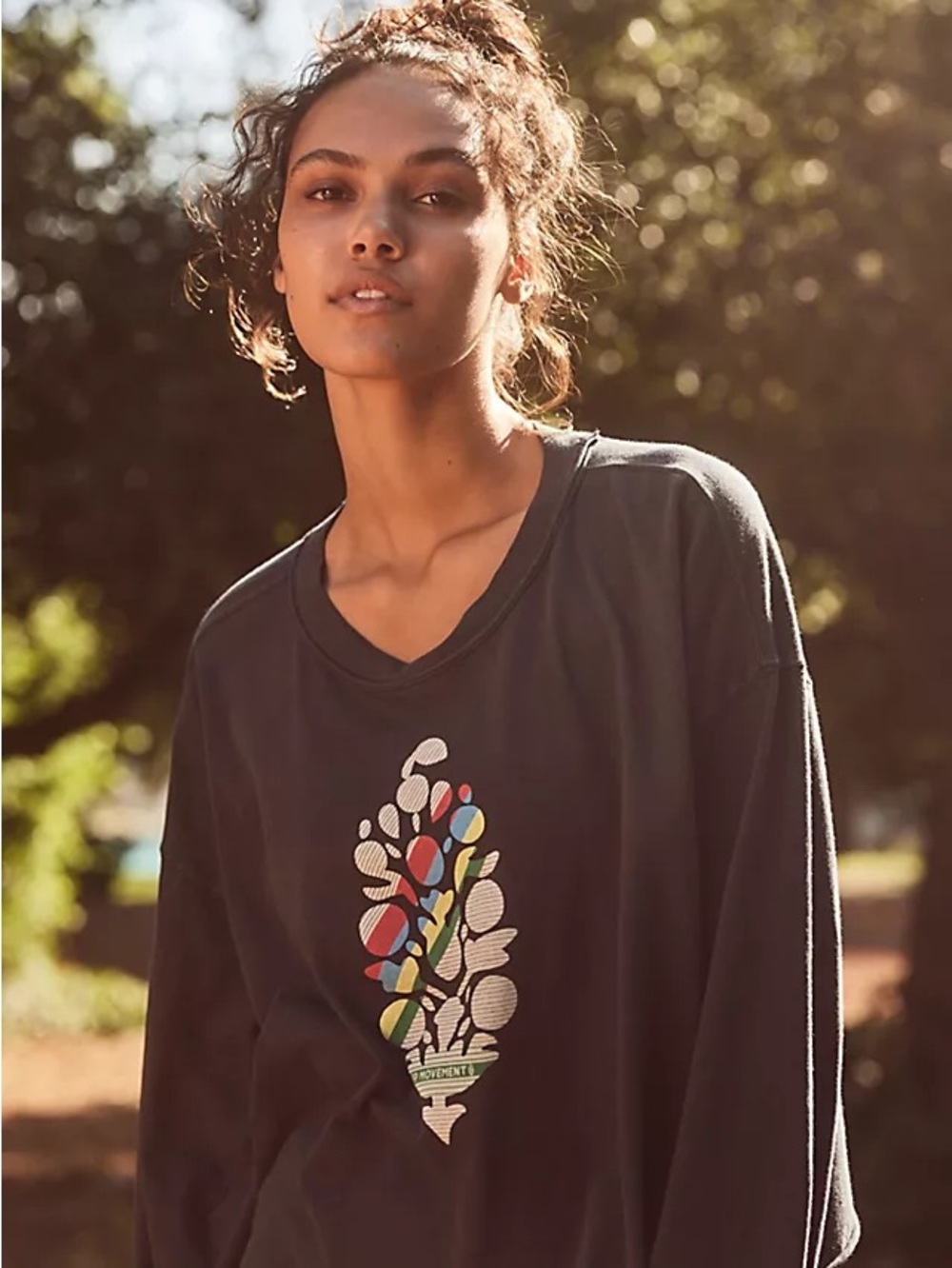 Free People FP Movement Inspire Layer Top Botanical Logo Washed Black Large New